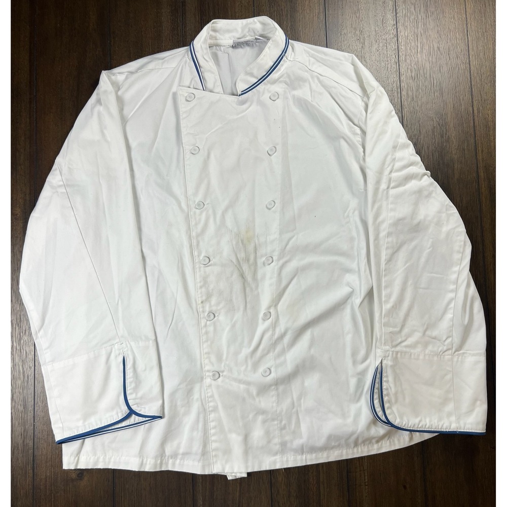 Chef Works White Double Breasted Chef Coat Blue Trim 2XL Long Sleeve Pocket